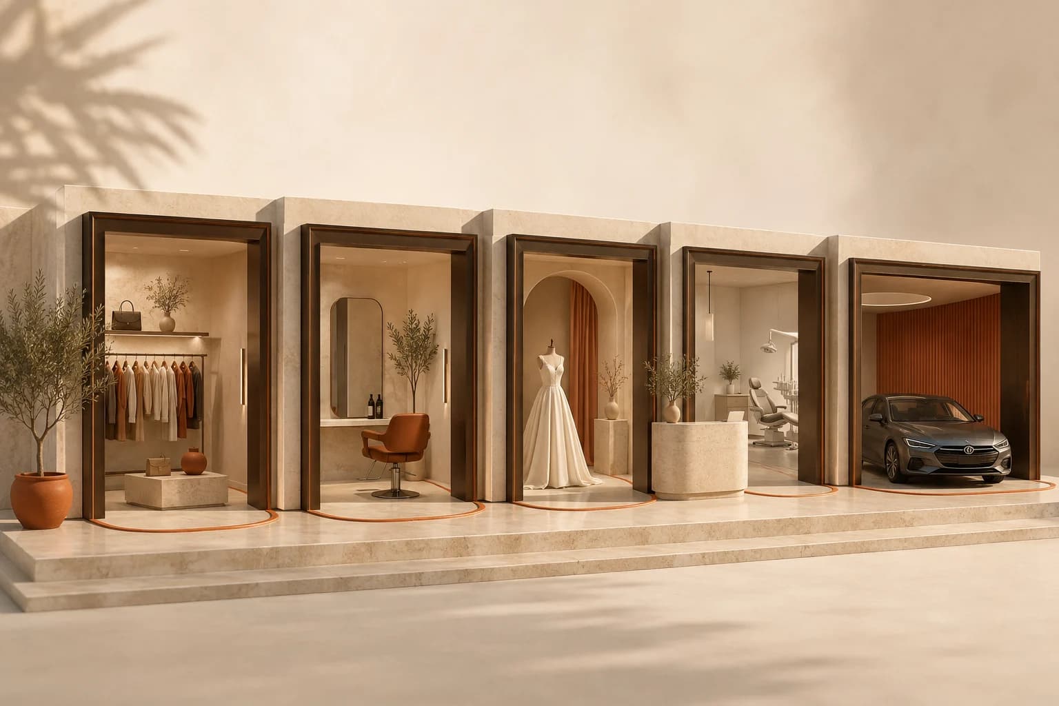 Concept architecture connecting a boutique, salon, bridal store, dental practice and car showroom