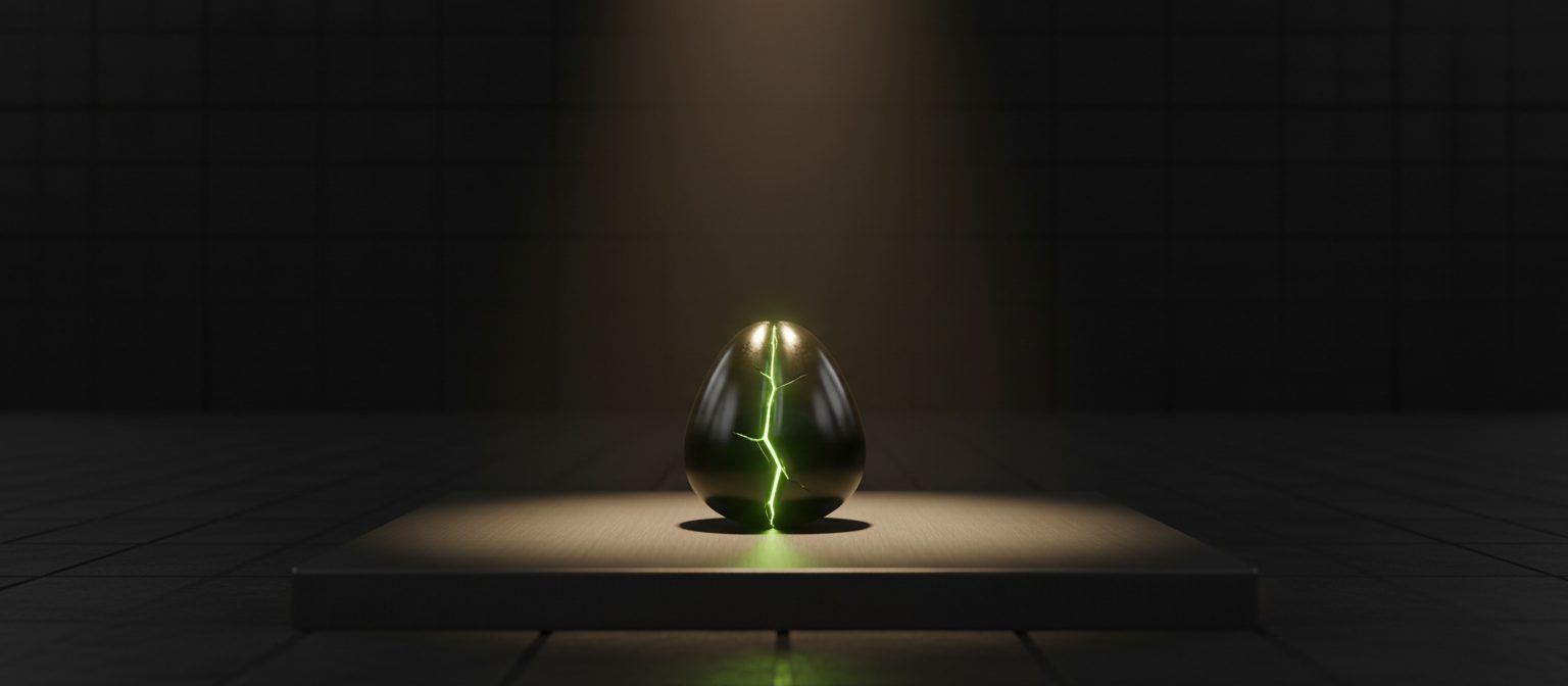 The NAWA seed — an obsidian kernel cracked with lime light